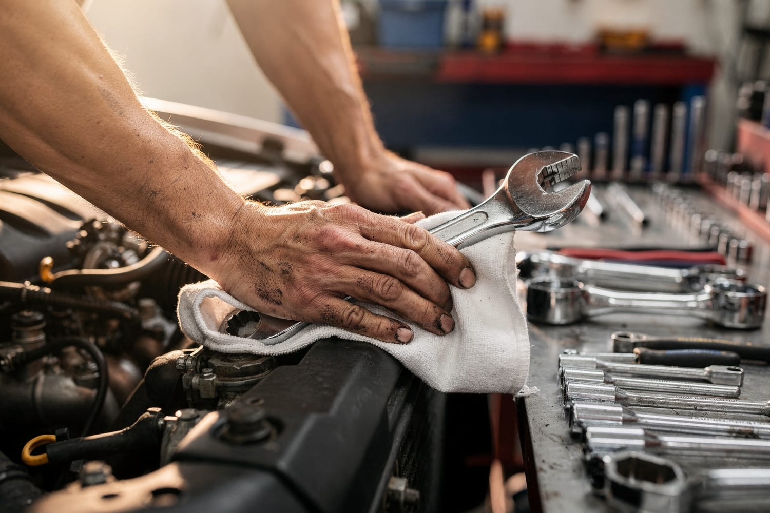 A mechanic wiping down a wrench beside an open engine bay